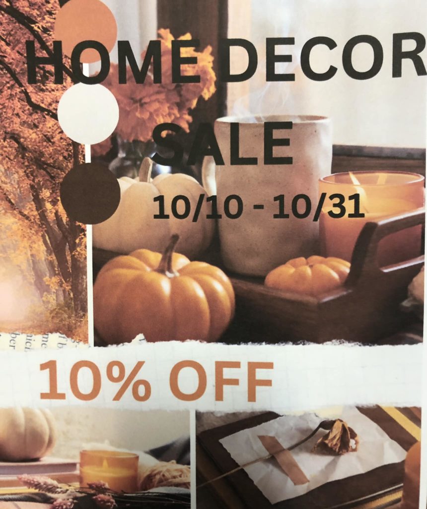 Home Decor Sale 10/10 through 10/31